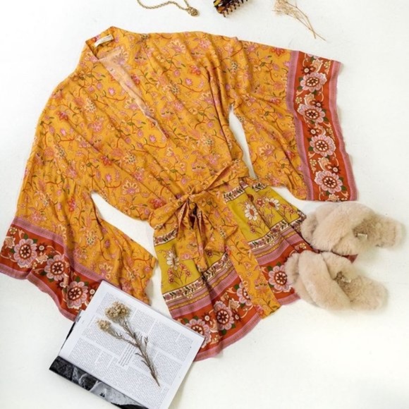boho floral print mustard cut out sleeve kimono - Picture 8 of 9